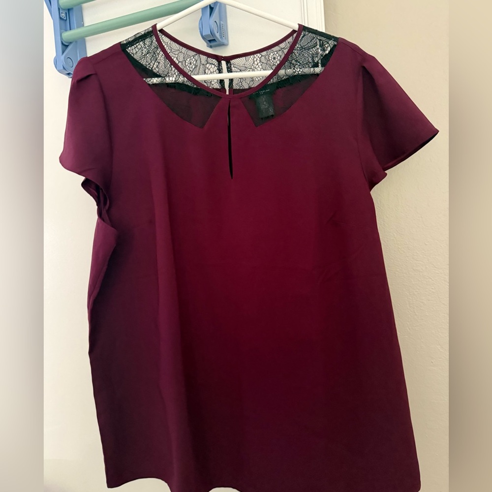 Ann Taylor Deep Red Lace Accent Shirt